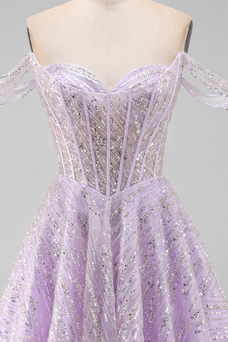 Laden Sie das Bild in den Galerie-Viewer, Off-the-shoulder Lila Korsett Pailletten A-Linie Kurzes Abendkleid mit Schnürung