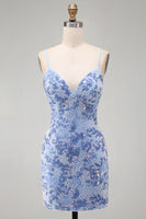 Laden Sie das Bild in den Galerie-Viewer, Blaues Bodycon Spaghetti-Träger Schnürung Kurzes Abendkleid mit Perlen