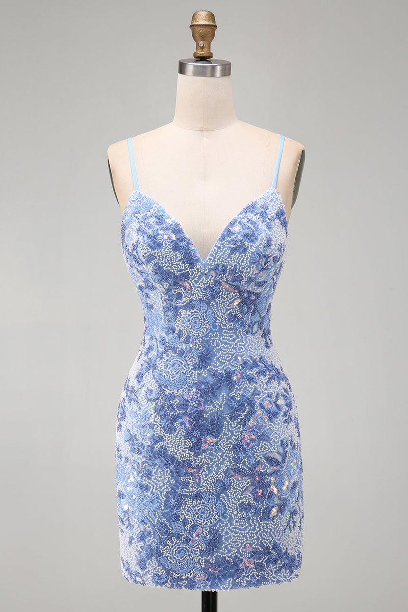 Laden Sie das Bild in den Galerie-Viewer, Blaues Bodycon Spaghetti-Träger Schnürung Kurzes Abendkleid mit Perlen