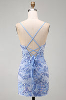 Laden Sie das Bild in den Galerie-Viewer, Blaues Bodycon Spaghetti-Träger Schnürung Kurzes Abendkleid mit Perlen