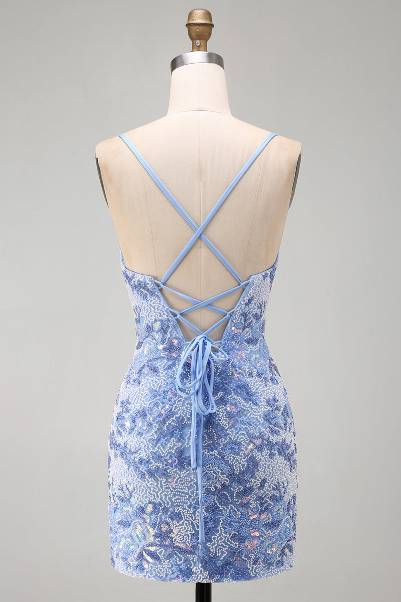 Laden Sie das Bild in den Galerie-Viewer, Blaues Bodycon Spaghetti-Träger Schnürung Kurzes Abendkleid mit Perlen