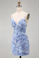 Laden Sie das Bild in den Galerie-Viewer, Blaues Bodycon Spaghetti-Träger Schnürung Kurzes Abendkleid mit Perlen