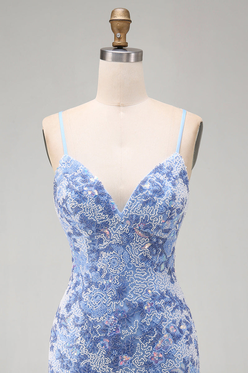 Laden Sie das Bild in den Galerie-Viewer, Blaues Bodycon Spaghetti-Träger Schnürung Kurzes Abendkleid mit Perlen