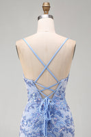 Laden Sie das Bild in den Galerie-Viewer, Blaues Bodycon Spaghetti-Träger Schnürung Kurzes Abendkleid mit Perlen