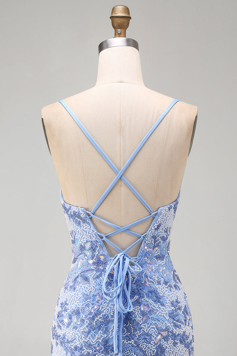 Laden Sie das Bild in den Galerie-Viewer, Blaues Bodycon Spaghetti-Träger Schnürung Kurzes Abendkleid mit Perlen