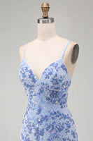 Laden Sie das Bild in den Galerie-Viewer, Blaues Bodycon Spaghetti-Träger Schnürung Kurzes Abendkleid mit Perlen