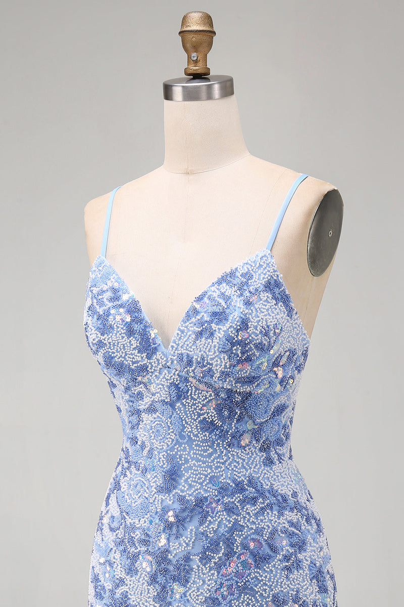 Laden Sie das Bild in den Galerie-Viewer, Blaues Bodycon Spaghetti-Träger Schnürung Kurzes Abendkleid mit Perlen