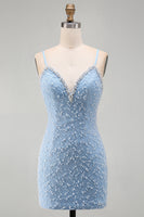 Laden Sie das Bild in den Galerie-Viewer, Blaues Spaghettiträger Schnürung Bodycon Kurzes Abendkleid mit Perlen