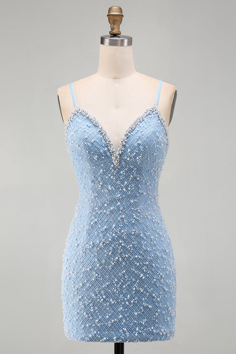 Laden Sie das Bild in den Galerie-Viewer, Blaues Spaghettiträger Schnürung Bodycon Kurzes Abendkleid mit Perlen