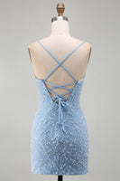 Laden Sie das Bild in den Galerie-Viewer, Blaues Spaghettiträger Schnürung Bodycon Kurzes Abendkleid mit Perlen