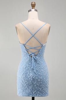 Blaues Spaghettiträger Schnürung Bodycon Kurzes Abendkleid mit Perlen