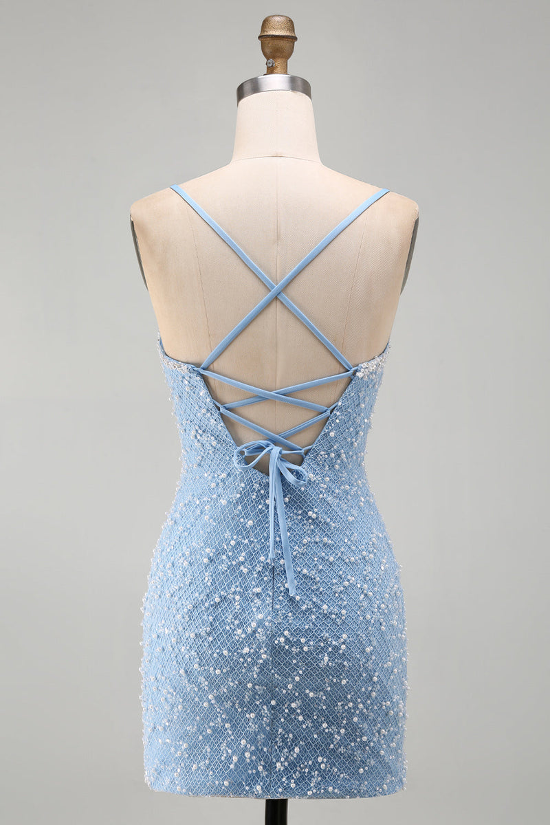 Laden Sie das Bild in den Galerie-Viewer, Blaues Spaghettiträger Schnürung Bodycon Kurzes Abendkleid mit Perlen