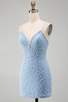 Laden Sie das Bild in den Galerie-Viewer, Blaues Spaghettiträger Schnürung Bodycon Kurzes Abendkleid mit Perlen