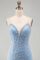 Laden Sie das Bild in den Galerie-Viewer, Blaues Spaghettiträger Schnürung Bodycon Kurzes Abendkleid mit Perlen