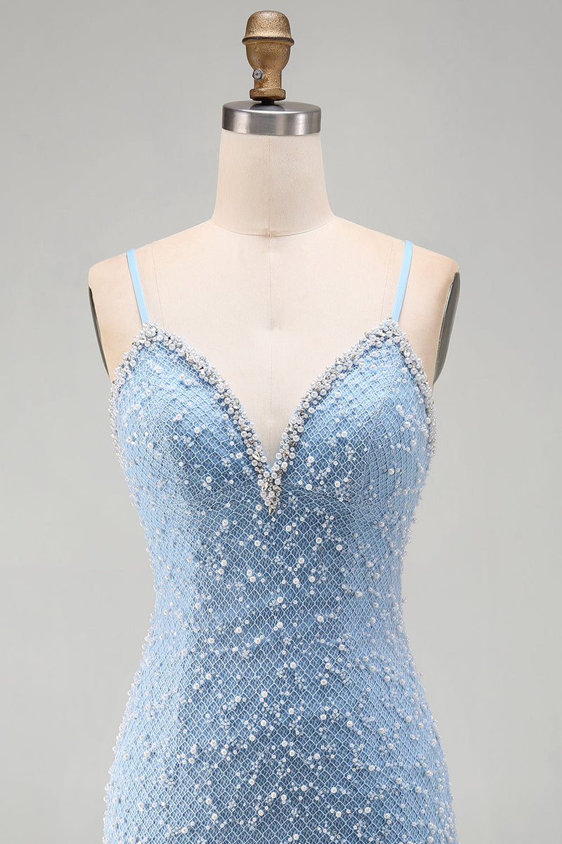 Laden Sie das Bild in den Galerie-Viewer, Blaues Spaghettiträger Schnürung Bodycon Kurzes Abendkleid mit Perlen