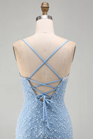 Laden Sie das Bild in den Galerie-Viewer, Blaues Spaghettiträger Schnürung Bodycon Kurzes Abendkleid mit Perlen