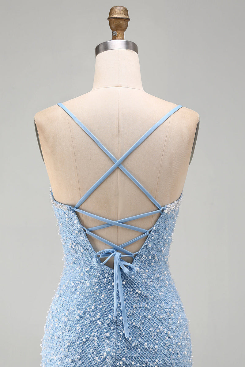 Laden Sie das Bild in den Galerie-Viewer, Blaues Spaghettiträger Schnürung Bodycon Kurzes Abendkleid mit Perlen