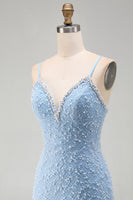 Laden Sie das Bild in den Galerie-Viewer, Blaues Spaghettiträger Schnürung Bodycon Kurzes Abendkleid mit Perlen