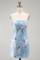 Laden Sie das Bild in den Galerie-Viewer, Trägerloses Blaues Bodycon Kurzes Abendkleid mit Perlen