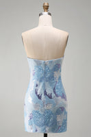 Laden Sie das Bild in den Galerie-Viewer, Trägerloses Blaues Bodycon Kurzes Abendkleid mit Perlen