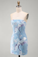 Laden Sie das Bild in den Galerie-Viewer, Trägerloses Blaues Bodycon Kurzes Abendkleid mit Perlen