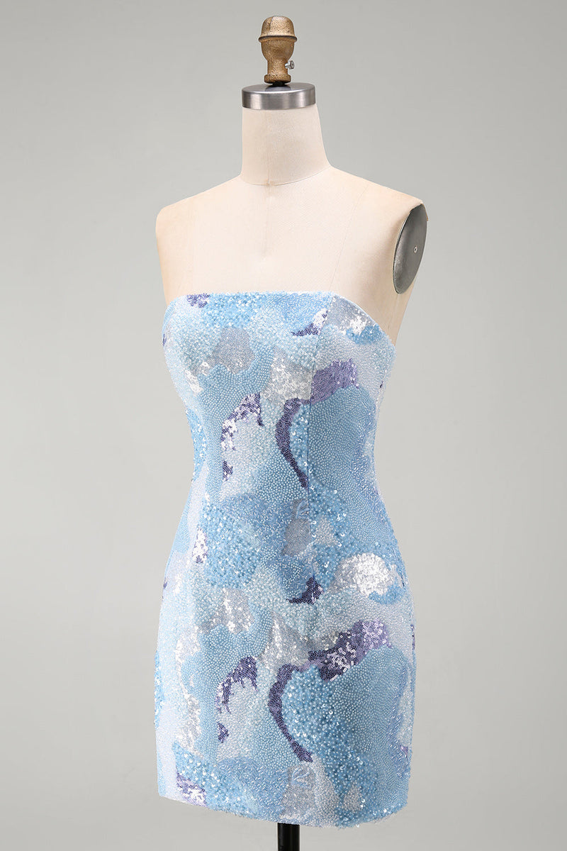 Laden Sie das Bild in den Galerie-Viewer, Trägerloses Blaues Bodycon Kurzes Abendkleid mit Perlen