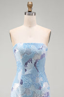 Laden Sie das Bild in den Galerie-Viewer, Trägerloses Blaues Bodycon Kurzes Abendkleid mit Perlen
