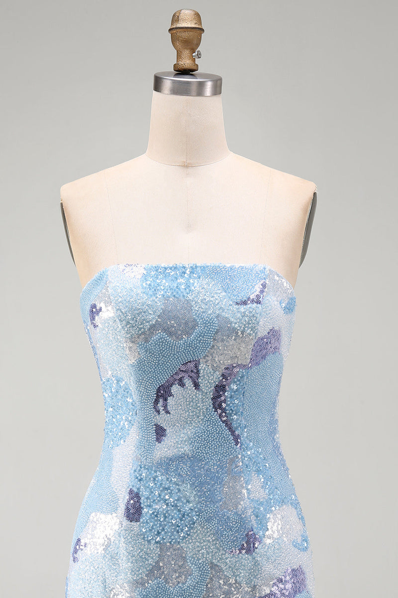 Laden Sie das Bild in den Galerie-Viewer, Trägerloses Blaues Bodycon Kurzes Abendkleid mit Perlen