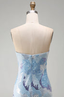 Laden Sie das Bild in den Galerie-Viewer, Trägerloses Blaues Bodycon Kurzes Abendkleid mit Perlen