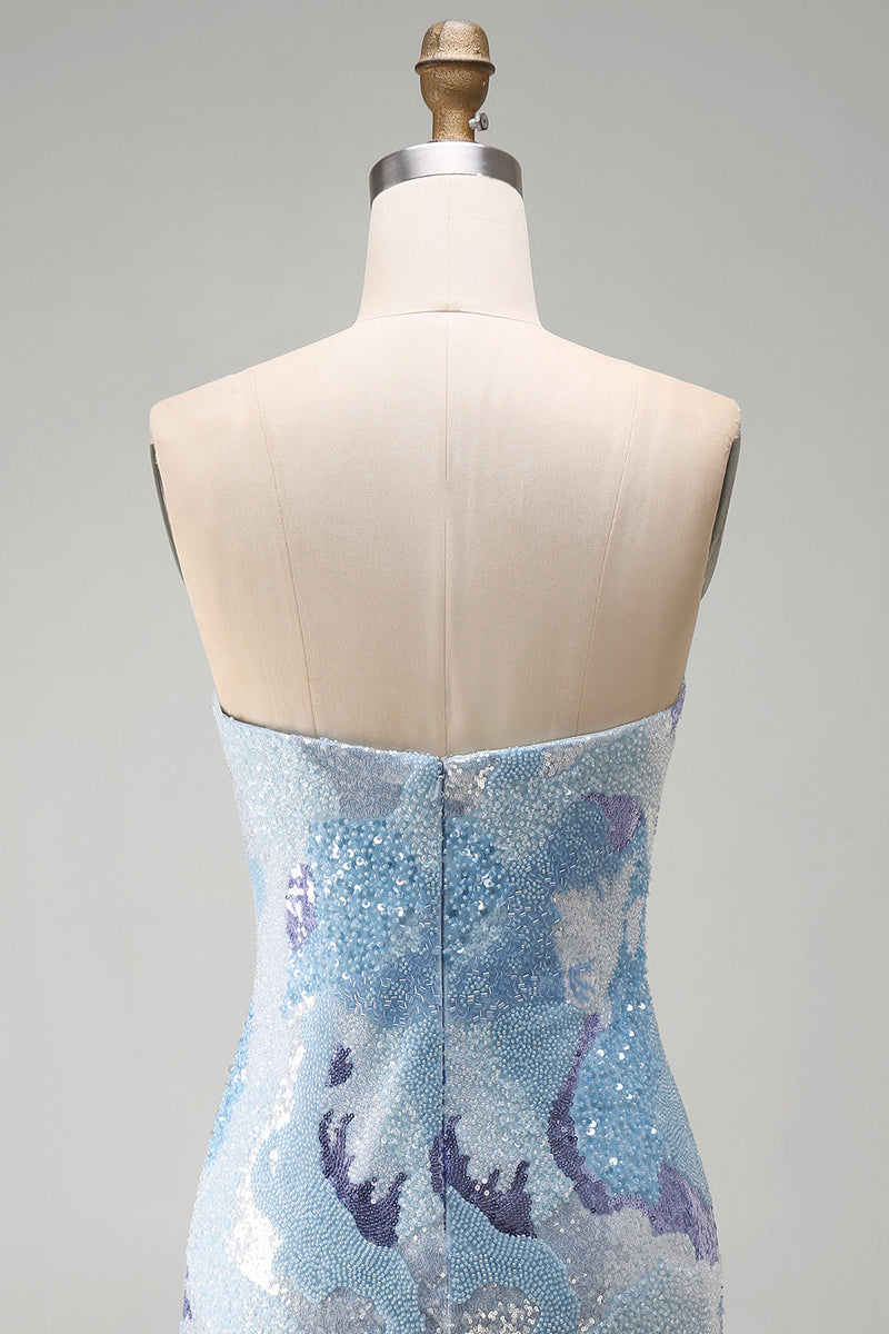 Laden Sie das Bild in den Galerie-Viewer, Trägerloses Blaues Bodycon Kurzes Abendkleid mit Perlen