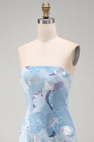 Laden Sie das Bild in den Galerie-Viewer, Trägerloses Blaues Bodycon Kurzes Abendkleid mit Perlen