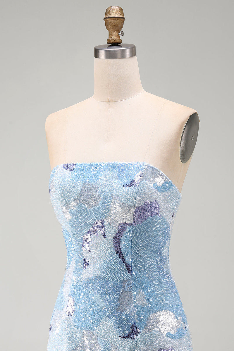 Laden Sie das Bild in den Galerie-Viewer, Trägerloses Blaues Bodycon Kurzes Abendkleid mit Perlen