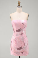 Laden Sie das Bild in den Galerie-Viewer, Rosa Trägerloses Bodycon Perlenbesetztes Kurzes Abendkleid