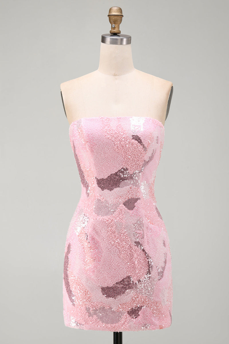Laden Sie das Bild in den Galerie-Viewer, Rosa Trägerloses Bodycon Perlenbesetztes Kurzes Abendkleid