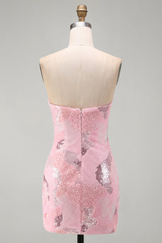 Rosa Trägerloses Bodycon Perlenbesetztes Kurzes Abendkleid