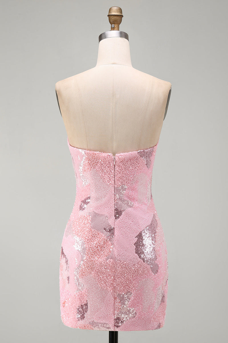 Laden Sie das Bild in den Galerie-Viewer, Rosa Trägerloses Bodycon Perlenbesetztes Kurzes Abendkleid