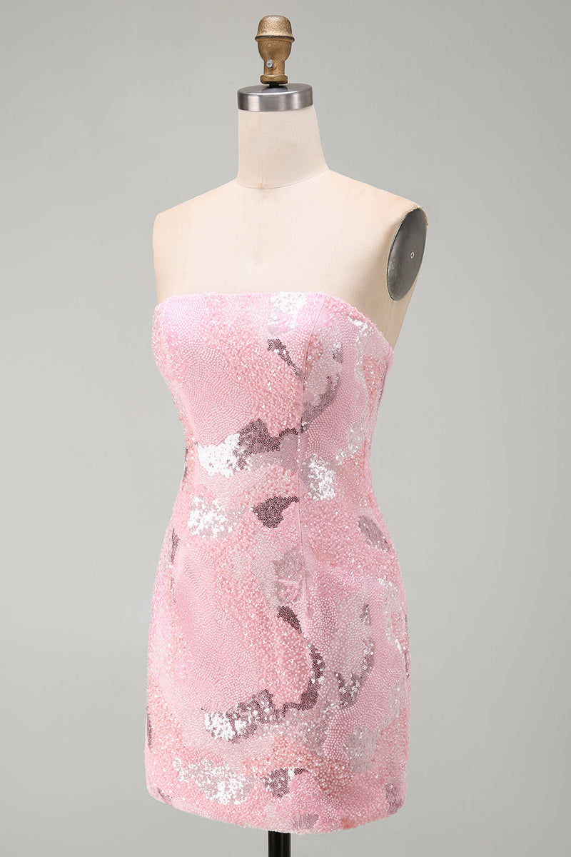 Laden Sie das Bild in den Galerie-Viewer, Rosa Trägerloses Bodycon Perlenbesetztes Kurzes Abendkleid