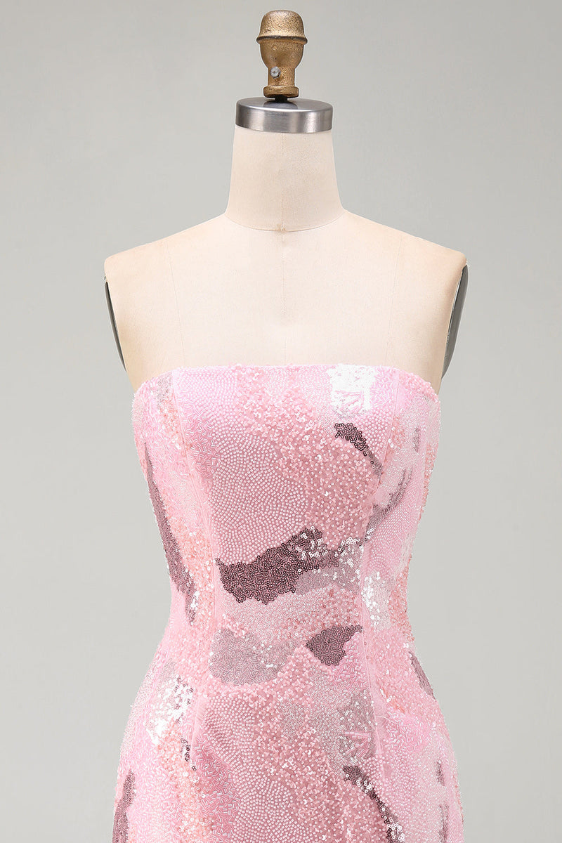 Laden Sie das Bild in den Galerie-Viewer, Rosa Trägerloses Bodycon Perlenbesetztes Kurzes Abendkleid