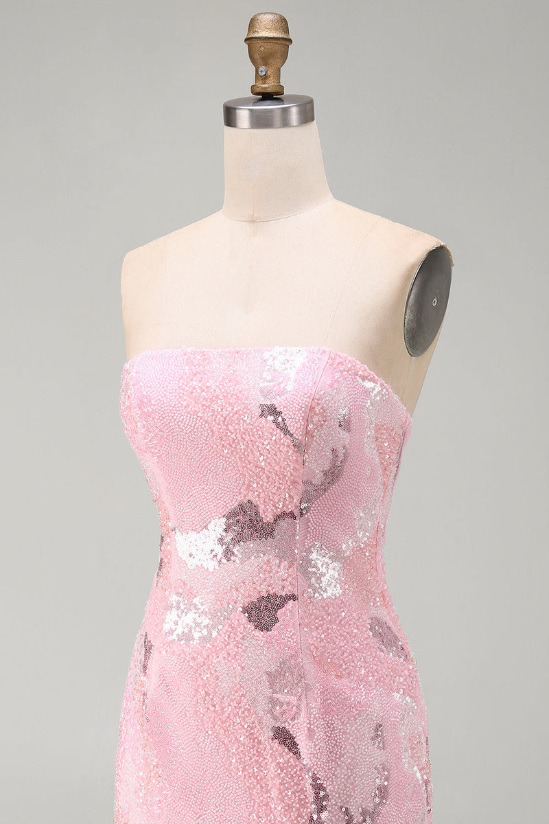 Laden Sie das Bild in den Galerie-Viewer, Rosa Trägerloses Bodycon Perlenbesetztes Kurzes Abendkleid