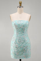 Laden Sie das Bild in den Galerie-Viewer, Mint Floral Trägerlose Bodycon Pailletten Kurzes Abendkleid