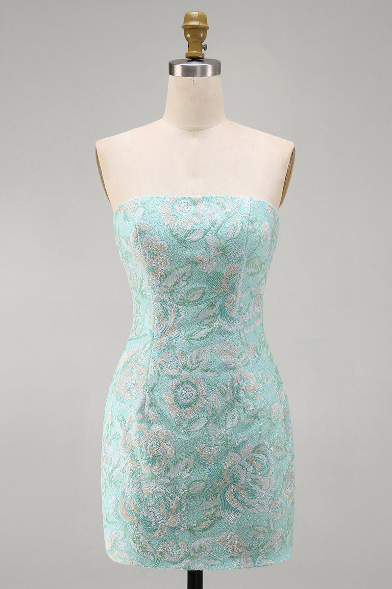 Laden Sie das Bild in den Galerie-Viewer, Mint Floral Trägerlose Bodycon Pailletten Kurzes Abendkleid