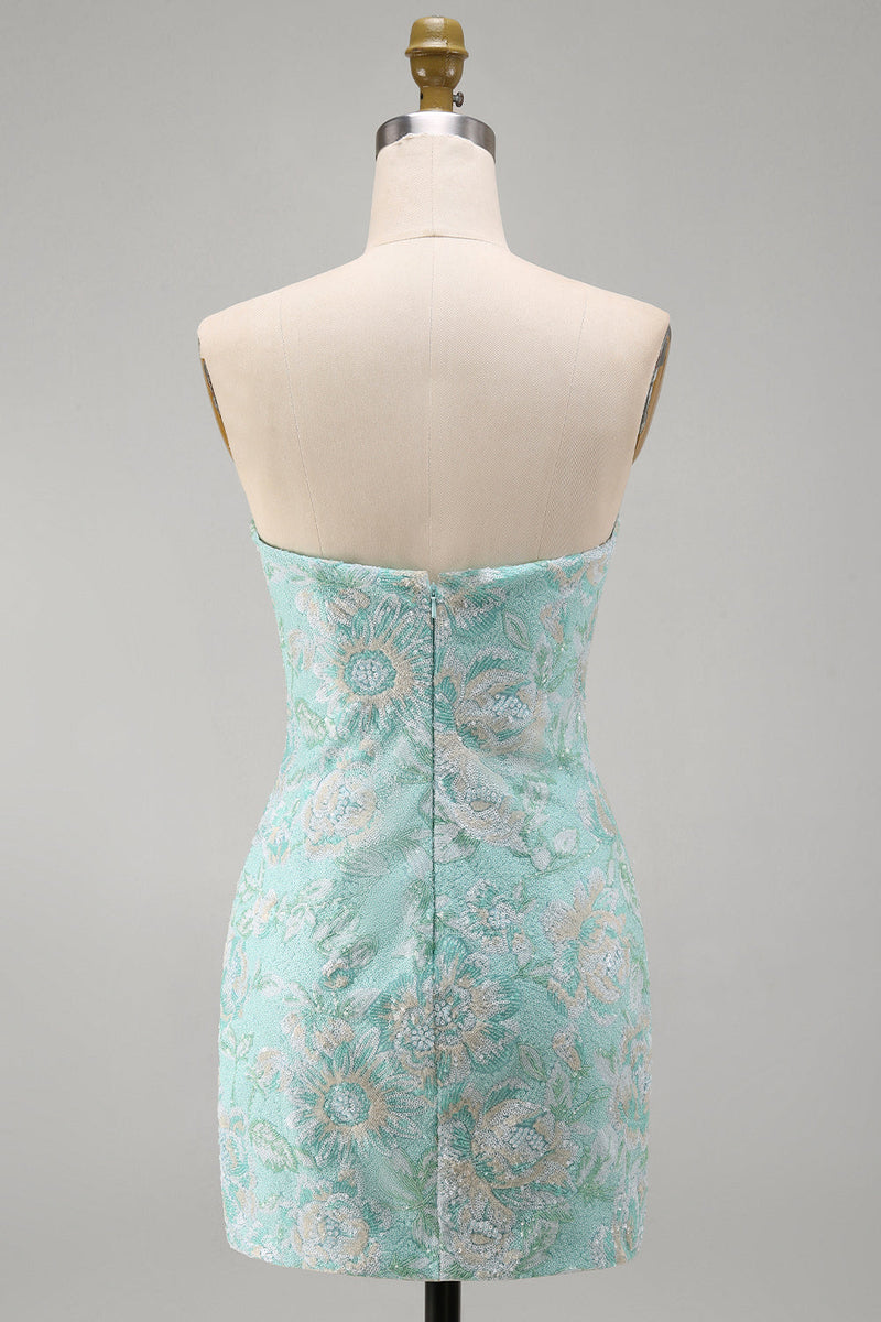 Laden Sie das Bild in den Galerie-Viewer, Mint Floral Trägerlose Bodycon Pailletten Kurzes Abendkleid