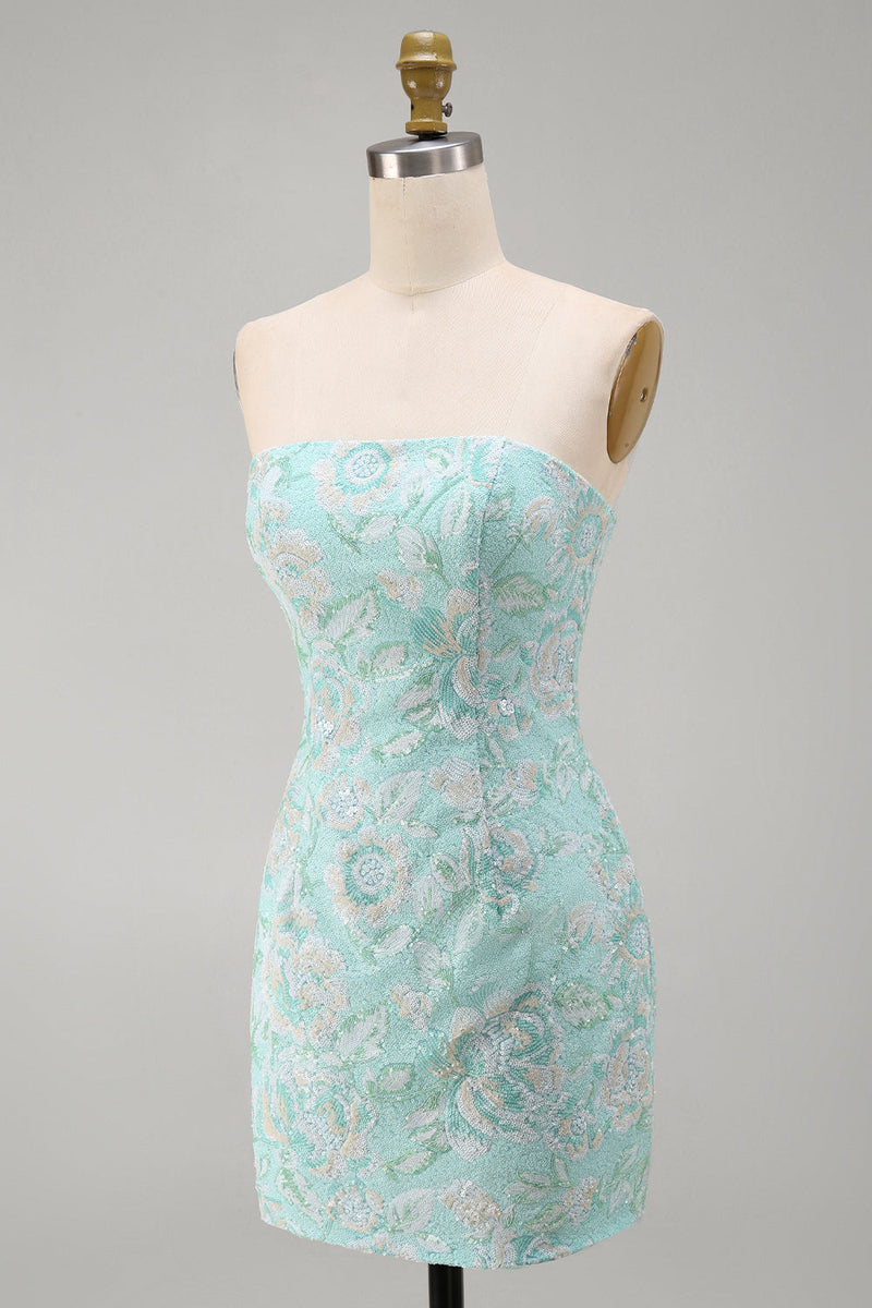 Laden Sie das Bild in den Galerie-Viewer, Mint Floral Trägerlose Bodycon Pailletten Kurzes Abendkleid