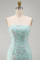 Laden Sie das Bild in den Galerie-Viewer, Mint Floral Trägerlose Bodycon Pailletten Kurzes Abendkleid