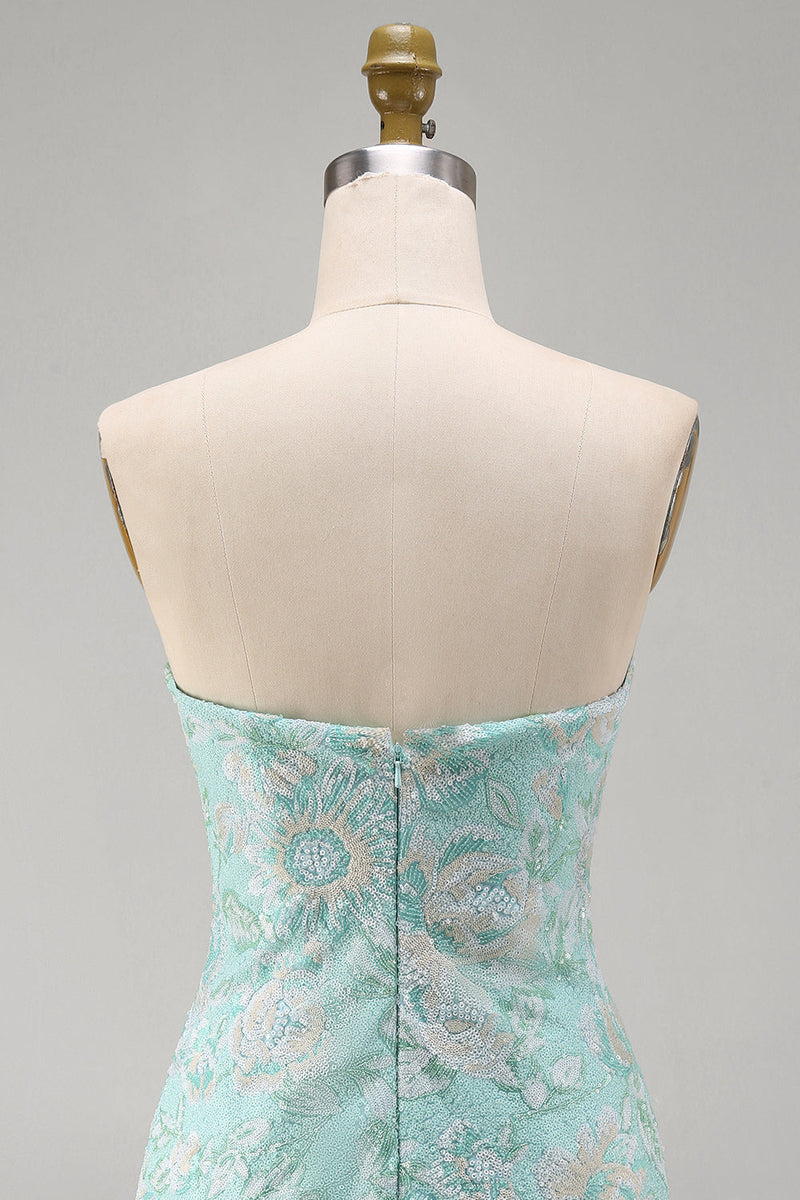 Laden Sie das Bild in den Galerie-Viewer, Mint Floral Trägerlose Bodycon Pailletten Kurzes Abendkleid