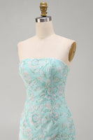 Laden Sie das Bild in den Galerie-Viewer, Mint Floral Trägerlose Bodycon Pailletten Kurzes Abendkleid