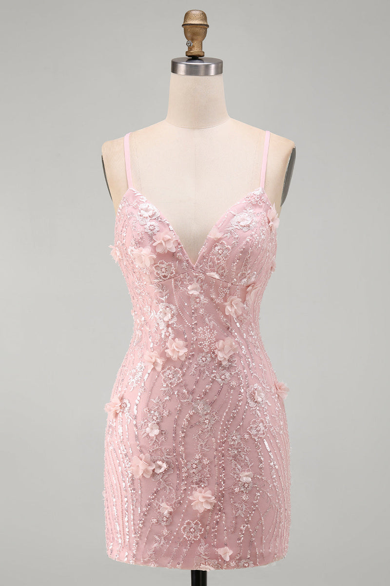 Laden Sie das Bild in den Galerie-Viewer, Rosa Florales Rückenschnürung  Spaghetti-Träger Kurzes Abendkleid mit Pailletten