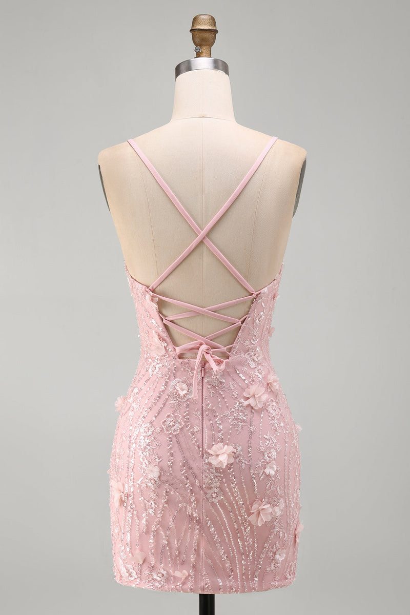 Laden Sie das Bild in den Galerie-Viewer, Rosa Florales Rückenschnürung  Spaghetti-Träger Kurzes Abendkleid mit Pailletten
