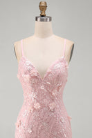 Laden Sie das Bild in den Galerie-Viewer, Rosa Florales Rückenschnürung  Spaghetti-Träger Kurzes Abendkleid mit Pailletten