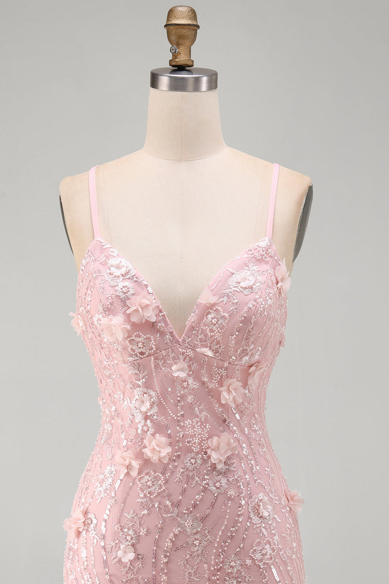 Laden Sie das Bild in den Galerie-Viewer, Rosa Florales Rückenschnürung  Spaghetti-Träger Kurzes Abendkleid mit Pailletten
